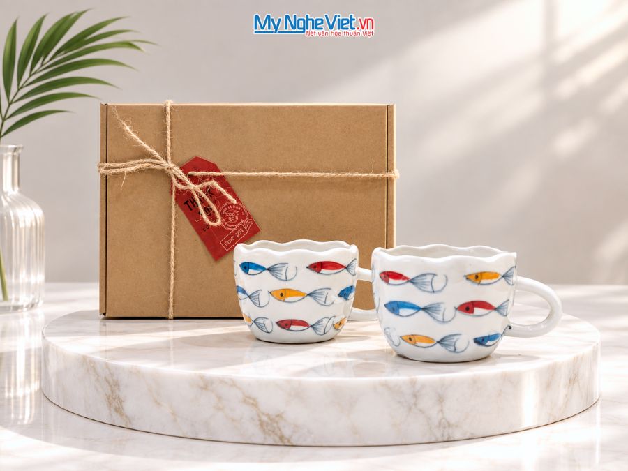 Set Quà Tặng 2 Ly Sứ Vẽ Tay Họa Tiết Cá Nhỏ CBLSH02.2
