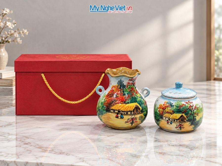 Set Quà Tặng Bình Hoa Và Hũ Mứt Gốm Bát Tràng Vẽ Đồng Quê MNV-LHGLH03/8