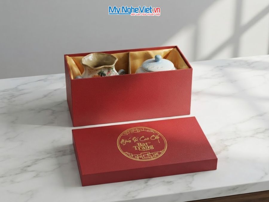 Set Quà Tặng Bình Hoa Và Hũ Mứt Gốm Bát Tràng Vẽ Đồng Quê MNV-LHGLH03/8