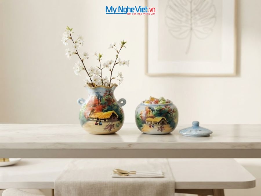 Set Quà Tặng Bình Hoa Và Hũ Mứt Gốm Bát Tràng Vẽ Đồng Quê MNV-LHGLH03/8