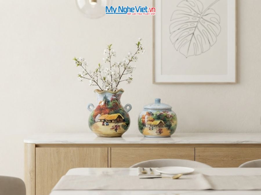 Set Quà Tặng Bình Hoa Và Hũ Mứt Gốm Bát Tràng Vẽ Đồng Quê MNV-LHGLH03/8