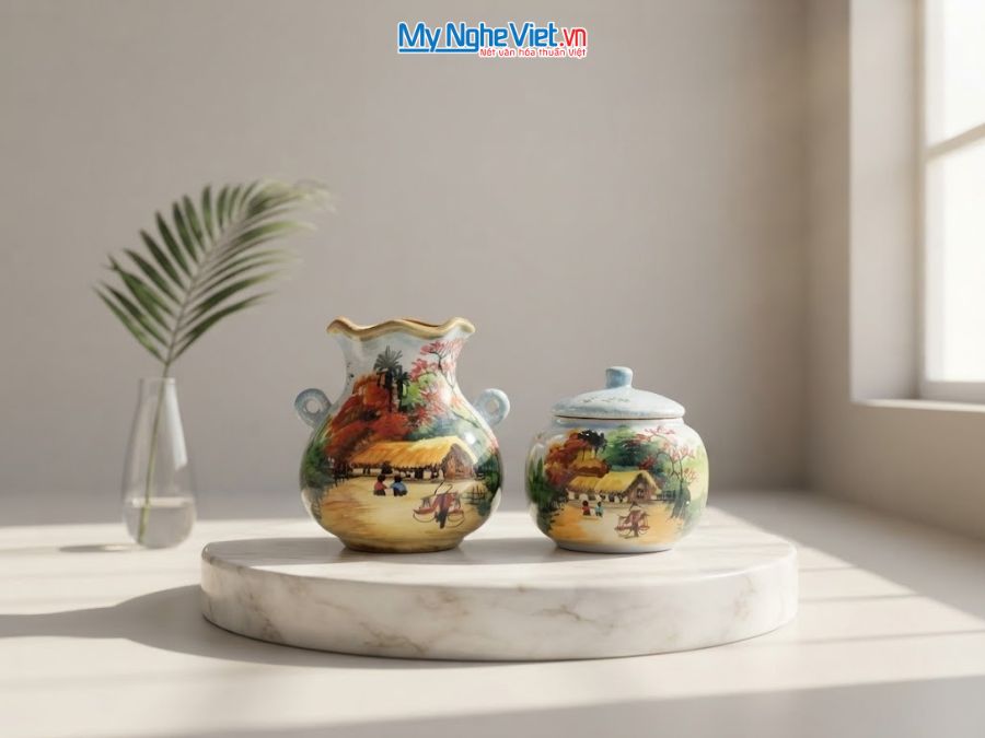 Set Quà Tặng Bình Hoa Và Hũ Mứt Gốm Bát Tràng Vẽ Đồng Quê MNV-LHGLH03/8