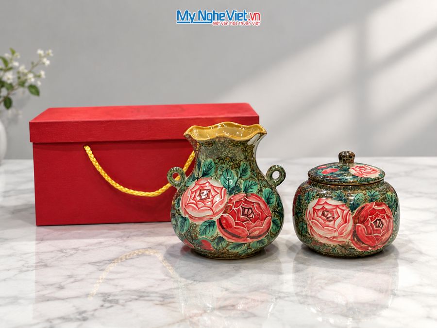 Set Quà Tặng Bình Hoa Và Hũ Mứt Gốm Bát Tràng Vẽ Hoa Hồng MNV-LHGLH03/10