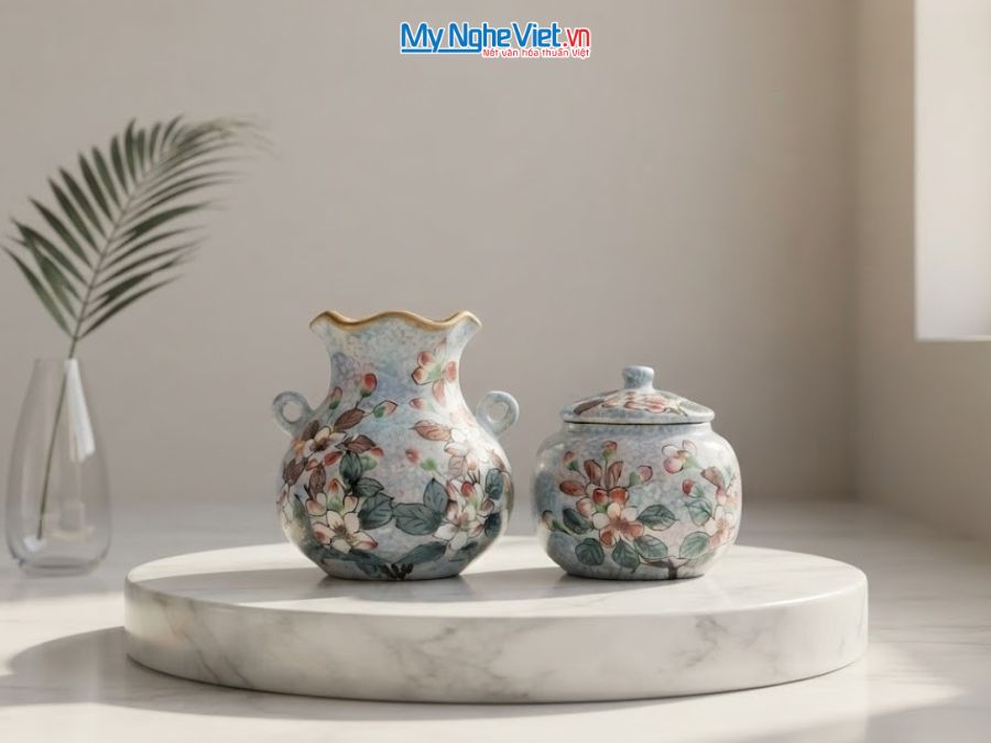 Set Quà Tặng Bình Hoa Và Hũ Mứt Gốm Bát Tràng Vẽ Hoa Đào Trắng MNV-LHGLH03/11