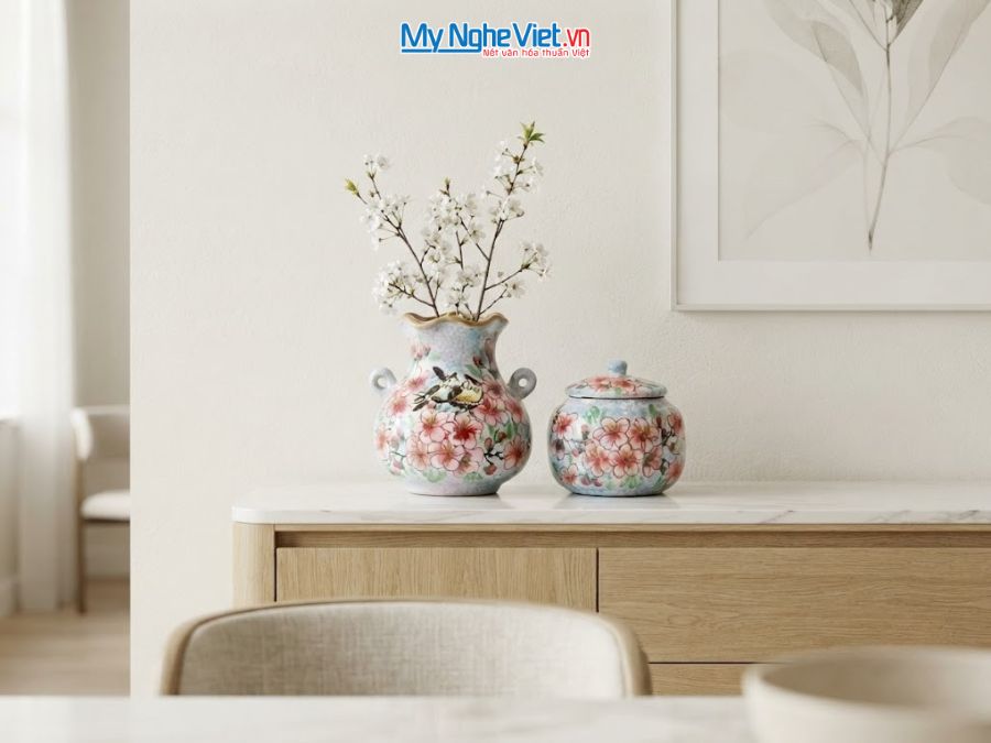 Set Quà Tặng Bình Hoa Và Hũ Mứt Gốm Bát Tràng Vẽ Hoa Đào Hồng MNV-LHGLH03/7