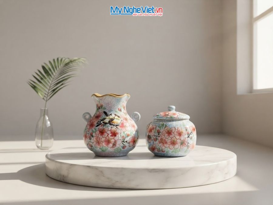 Set Quà Tặng Bình Hoa Và Hũ Mứt Gốm Bát Tràng Vẽ Hoa Đào Hồng MNV-LHGLH03/7