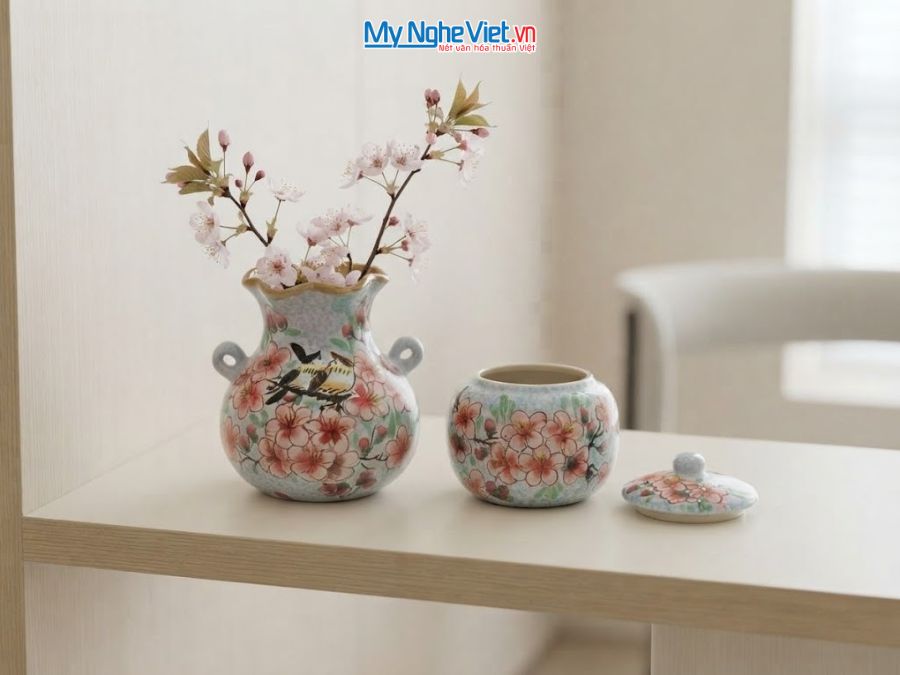 Set Quà Tặng Bình Hoa Và Hũ Mứt Gốm Bát Tràng Vẽ Hoa Đào Hồng MNV-LHGLH03/7