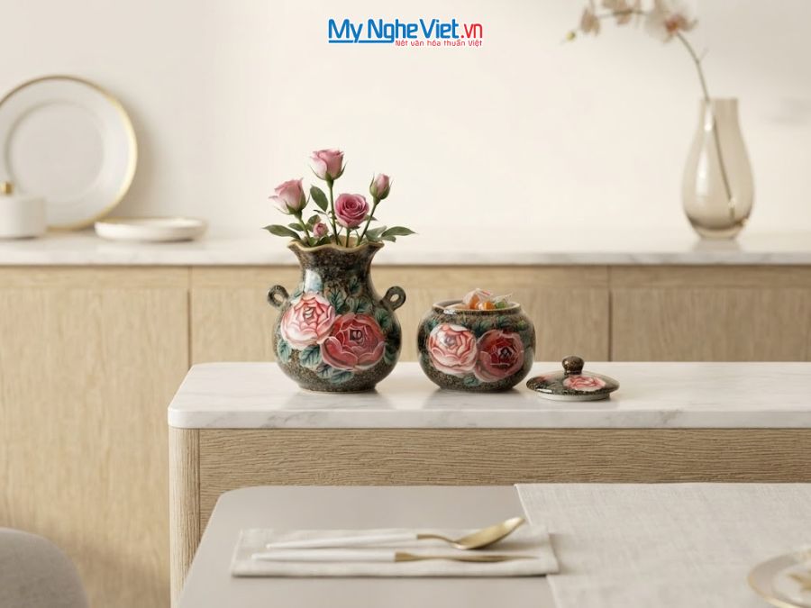 Set Quà Tặng Bình Hoa Và Hũ Mứt Gốm Bát Tràng Vẽ Hoa Hồng MNV-LHGLH03/10