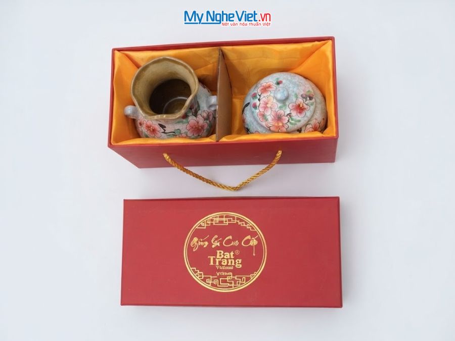 Set Quà Tặng Bình Hoa Và Hũ Mứt Gốm Bát Tràng Vẽ Hoa Đào Hồng MNV-LHGLH03/7