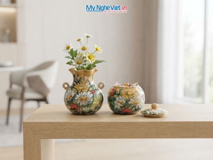 Set Quà Tặng Bình Hoa Và Hũ Mứt Gốm Bát Tràng Vẽ Hoa Cúc MNV-LHGLH03/6