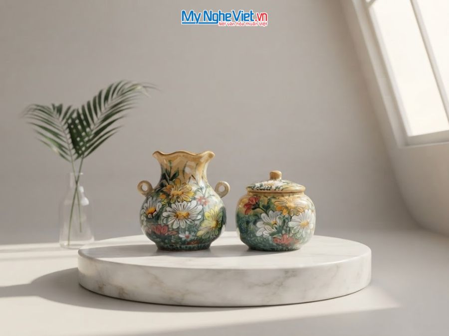 Set Quà Tặng Bình Hoa Và Hũ Mứt Gốm Bát Tràng Vẽ Hoa Cúc MNV-LHGLH03/6