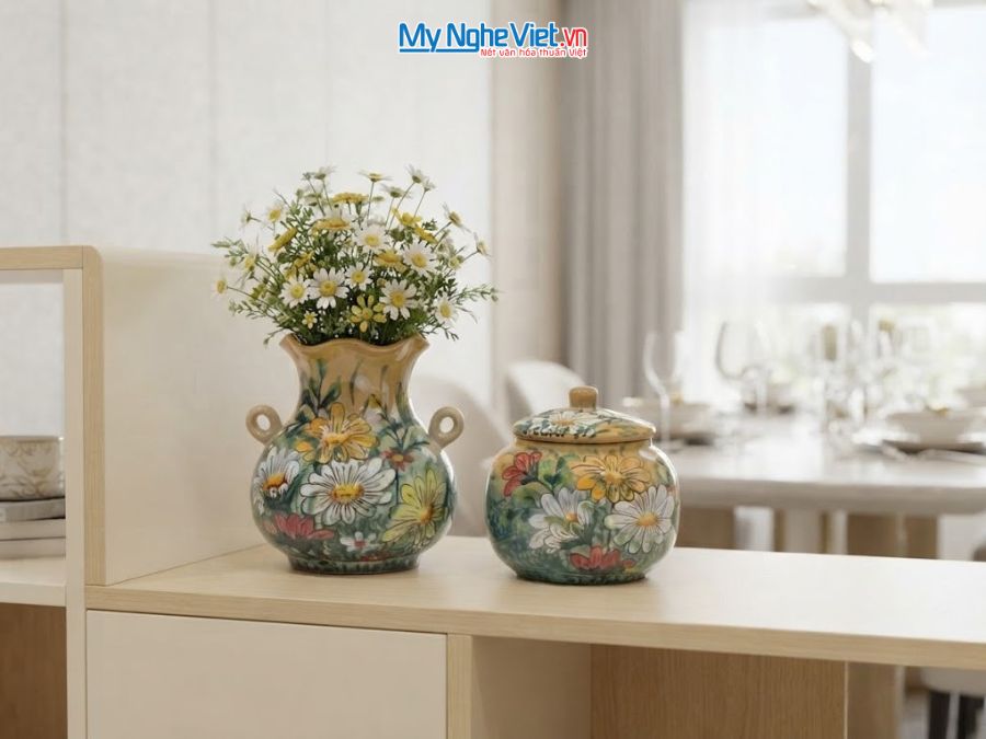 Set Quà Tặng Bình Hoa Và Hũ Mứt Gốm Bát Tràng Vẽ Hoa Cúc MNV-LHGLH03/6