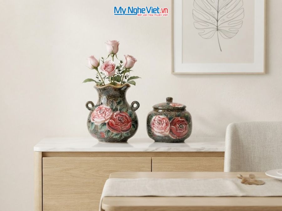 Set Quà Tặng Bình Hoa Và Hũ Mứt Gốm Bát Tràng Vẽ Hoa Hồng MNV-LHGLH03/10
