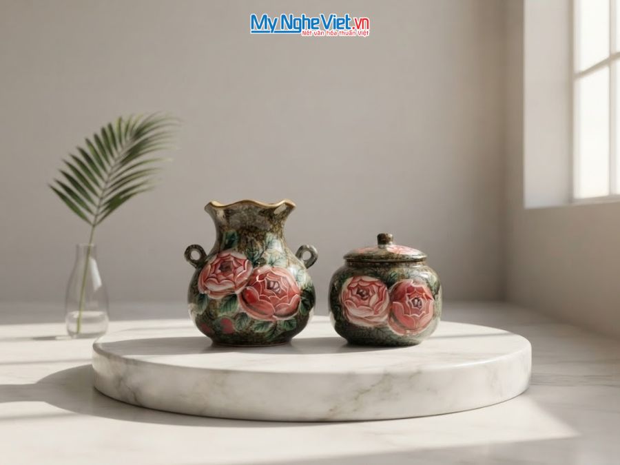 Set Quà Tặng Bình Hoa Và Hũ Mứt Gốm Bát Tràng Vẽ Hoa Hồng MNV-LHGLH03/10