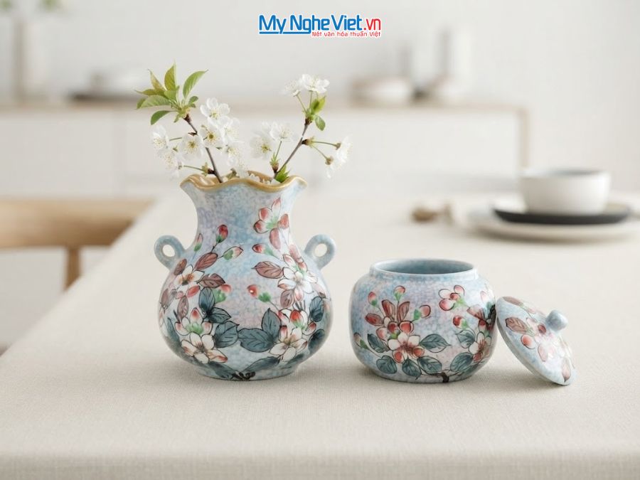 Set Quà Tặng Bình Hoa Và Hũ Mứt Gốm Bát Tràng Vẽ Hoa Đào Trắng MNV-LHGLH03/11
