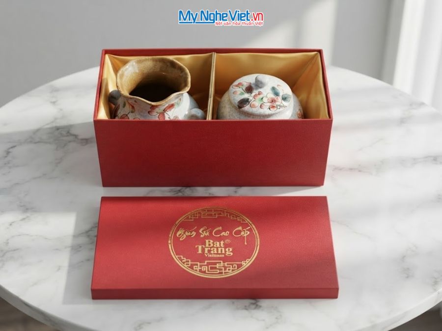 Set Quà Tặng Bình Hoa Và Hũ Mứt Gốm Bát Tràng Vẽ Hoa Đào Trắng MNV-LHGLH03/11