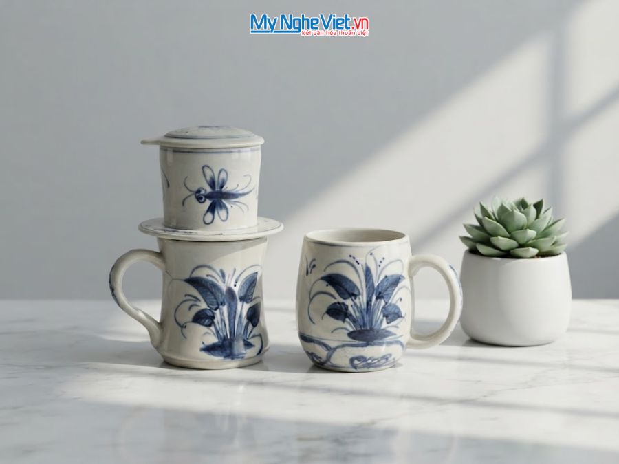 Set Quà Tặng Đối Tác - Phin Cà Phê Gốm & Ly Sứ Vẽ Chuồn Chuồn MNV-CBF09