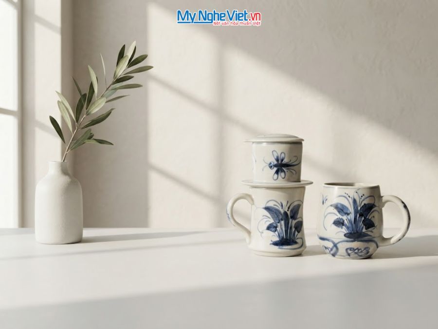 Set Quà Tặng Đối Tác - Phin Cà Phê Gốm & Ly Sứ Vẽ Chuồn Chuồn MNV-CBF09
