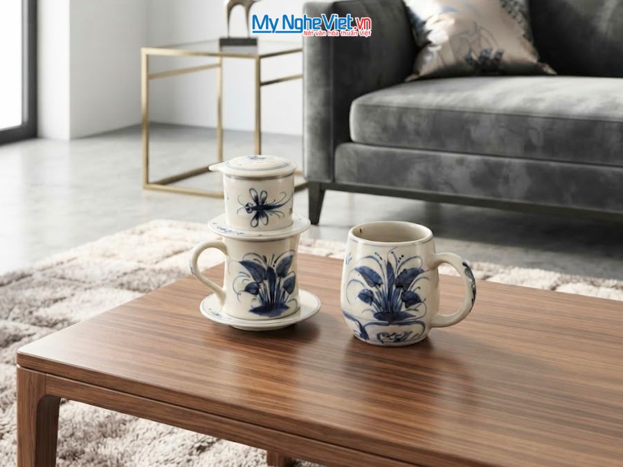 Set Quà Tặng Đối Tác - Phin Cà Phê Gốm & Ly Sứ Vẽ Chuồn Chuồn MNV-CBF09