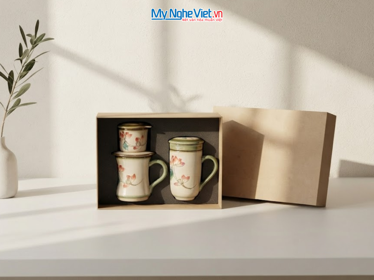 Set Quà Tặng Doanh Nghiệp - Phin Cà Phê & Ly Lọc Trà Hoa Sen CBCFV002-5