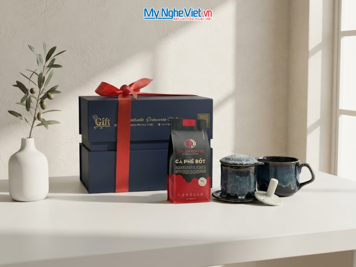 Set Quà Tặng Doanh Nghiệp - Phin Cà Phê Men Hỏa Biến Màu Xanh & Gói Cà Phê Rang Xay