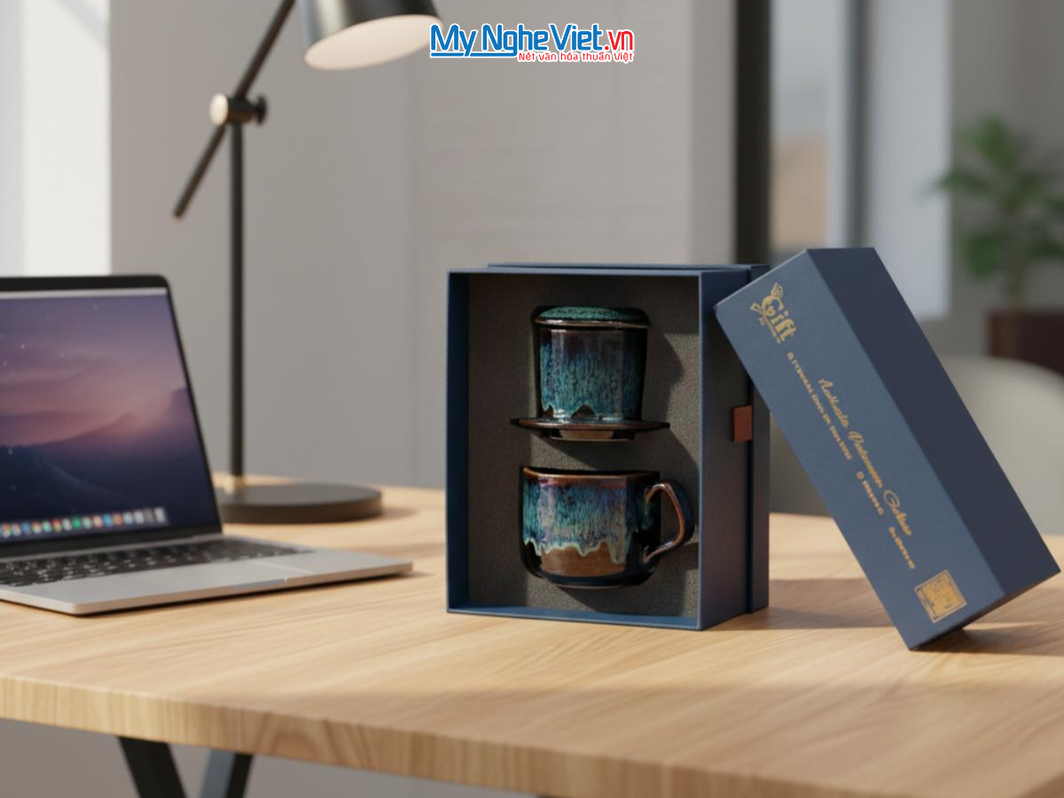 Set Quà Tặng Doanh Nghiệp - Phin Cà Phê Men Hỏa Biến Màu Xanh & Gói Cà Phê Rang Xay