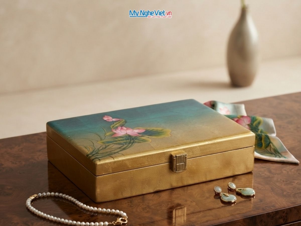 Set Quà Tặng Hộp Sơn Mài Hoa Sen & Khăn Lụa Vân Cổ Hà Đông Cao Cấp