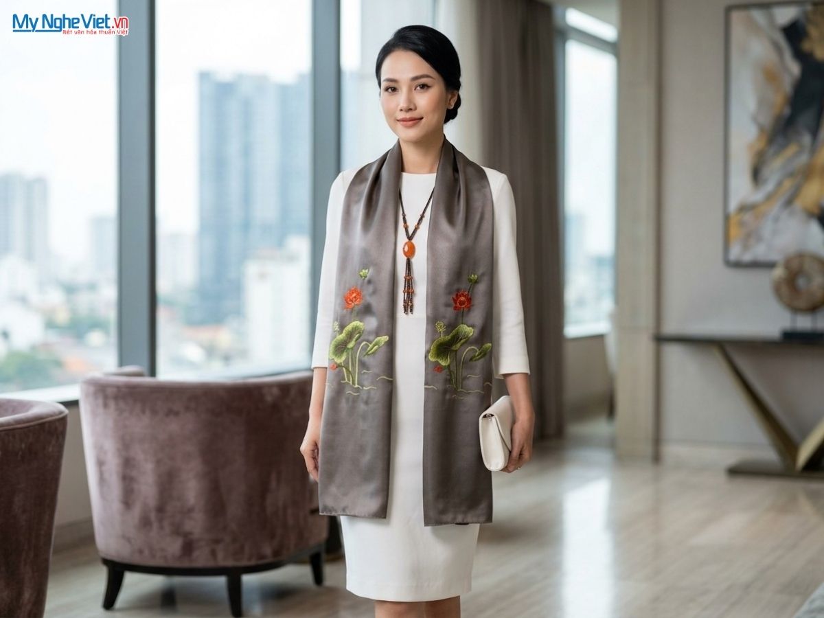 Set Quà Tặng Hộp Sơn Mài Tre Trúc & Khăn Lụa Thêu Hoa Sen