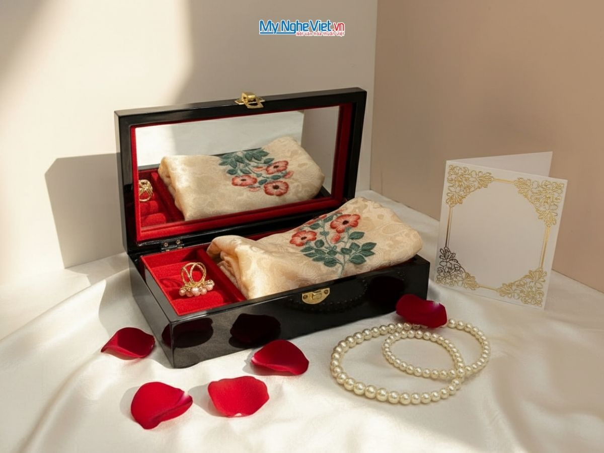 Set Quà Tặng Hộp Trang Sức Sơn Mài Đồng Quê & Khăn Lụa Thêu Hoa