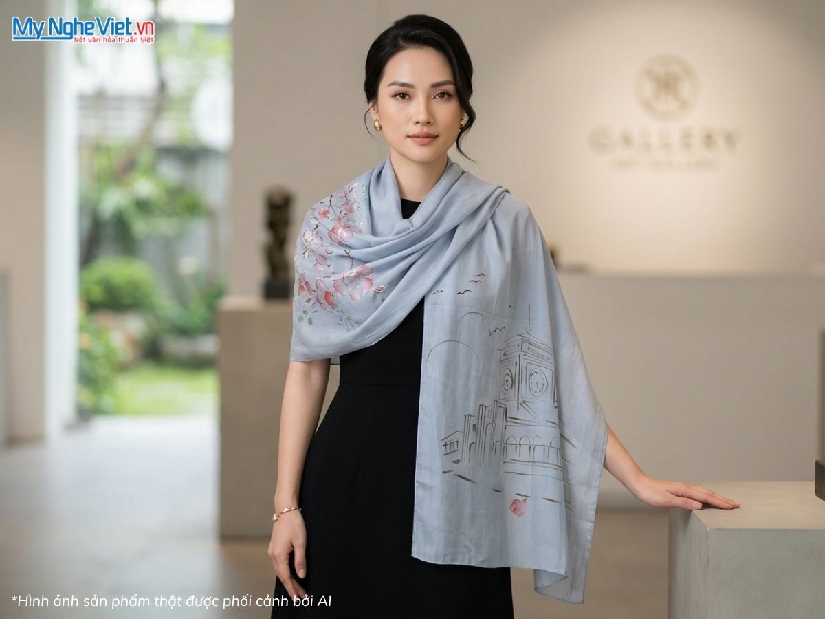 Set Quà Tặng Đối Tác/ Khách Du Lịch - Khăn Lụa Vẽ Tay Và Hộp Trang Sức Sơn Mài