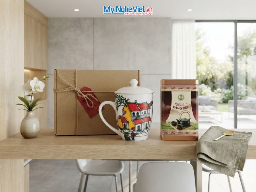 Set Quà Tặng Ly Sứ Phong Cảnh Việt Nam & Trà Olong Cao Cấp CBLSVBT015