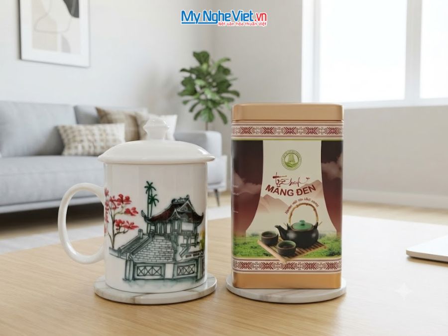 Set Quà Tặng Ly Sứ Phong Cảnh Phố Cổ Việt Nam & Trà Olong Cao Cấp CBLSVBT016