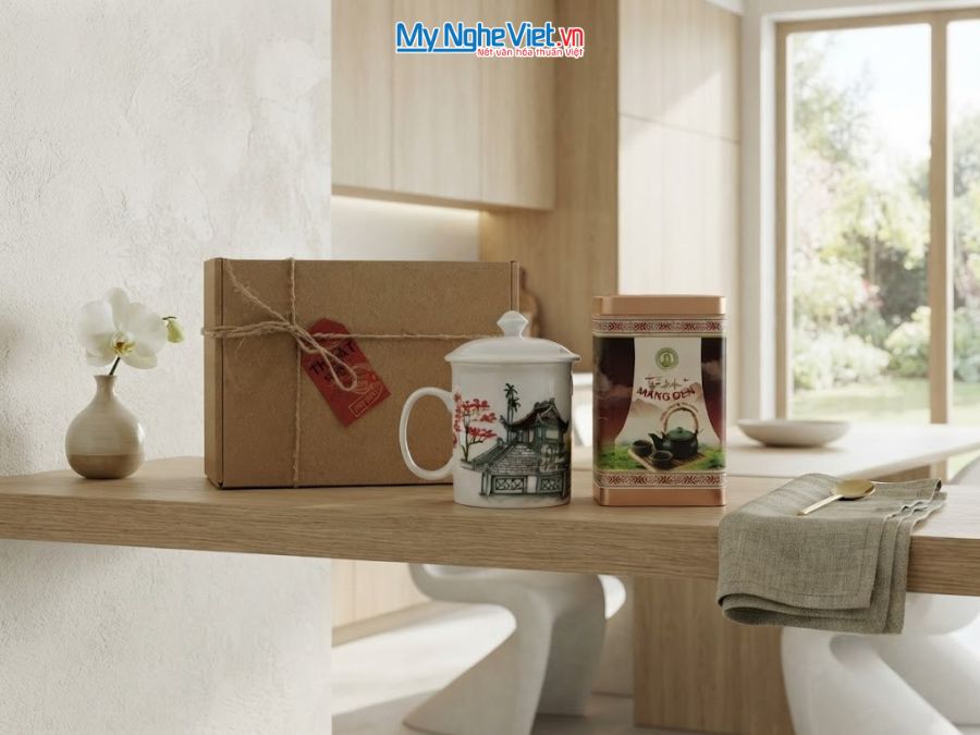 Set Quà Tặng Ly Sứ Phong Cảnh Phố Cổ Việt Nam & Trà Olong Cao Cấp CBLSVBT016