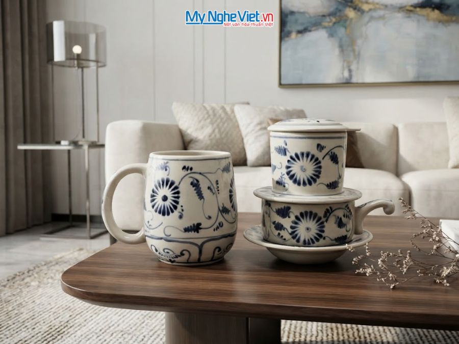 Set Quà Tặng Đối Tác - Phin Cà Phê Gốm & Ly Sứ Vẽ Cúc MNV-CBF01
