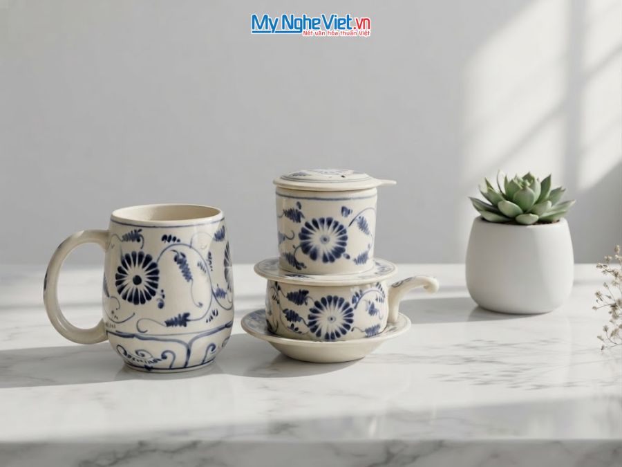 Set Quà Tặng Đối Tác - Phin Cà Phê Gốm & Ly Sứ Vẽ Cúc MNV-CBF01