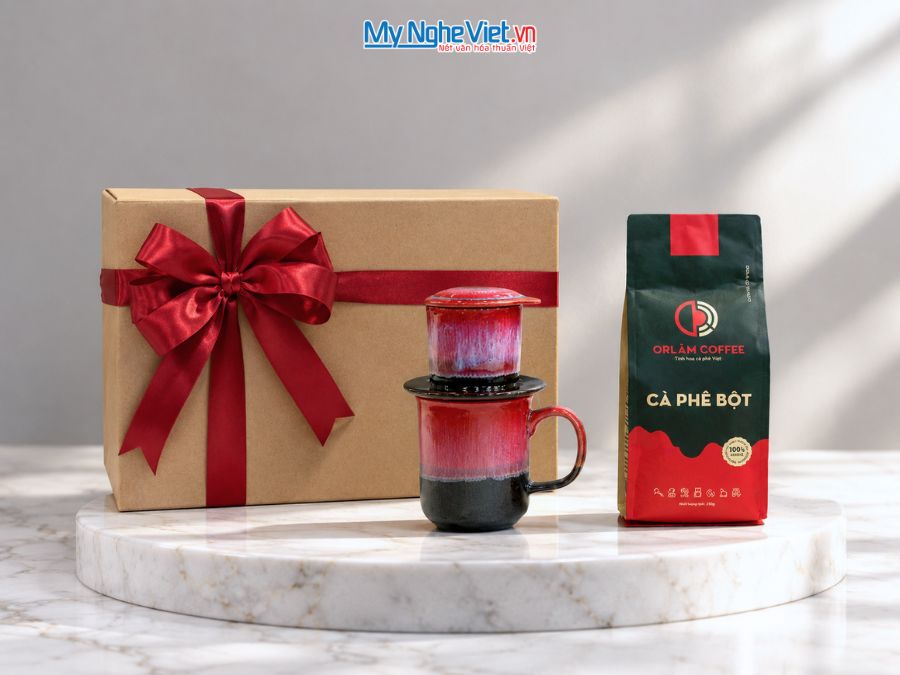 Set Quà Tặng Phin Cà Phê Men Hỏa Biến Màu Hồng & Cà Phê Rang Xay Orilam Coffee