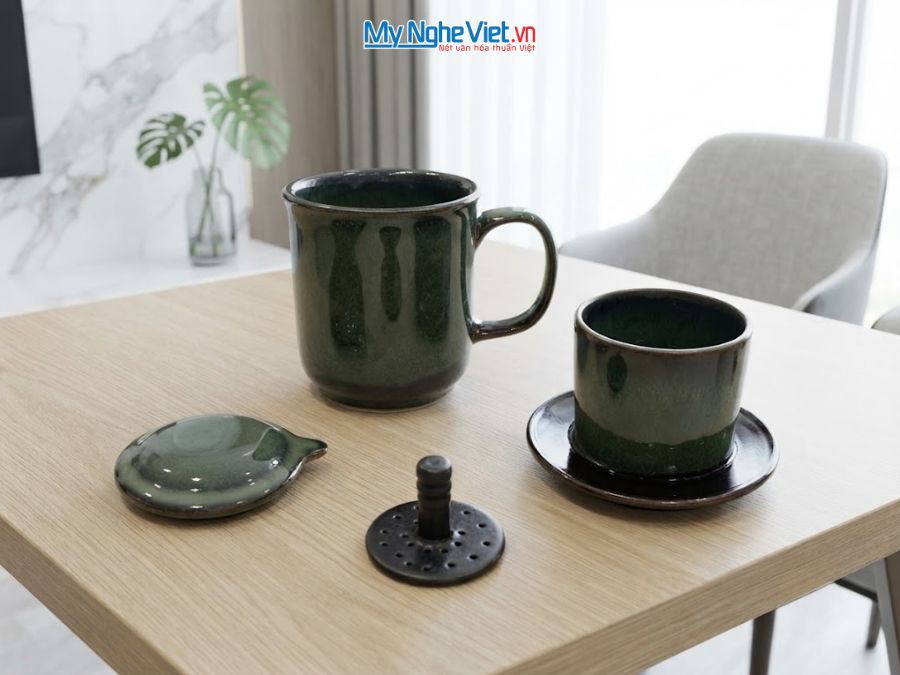 Set Quà Tặng Phin Cà Phê Men Hỏa Biến Màu Xanh Rêu & Cà Phê Rang Xay Orilam Coffee