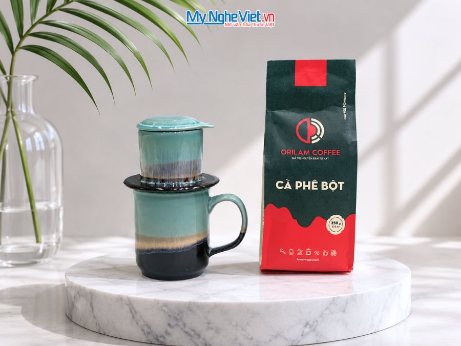 Set Quà Tặng Phin Cà Phê Men Hỏa Biến Màu Xanh Ngọc & Cà Phê Rang Xay Orilam Coffee
