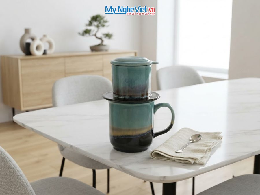 Set Quà Tặng Phin Cà Phê Men Hỏa Biến Màu Xanh Ngọc & Cà Phê Rang Xay Orilam Coffee
