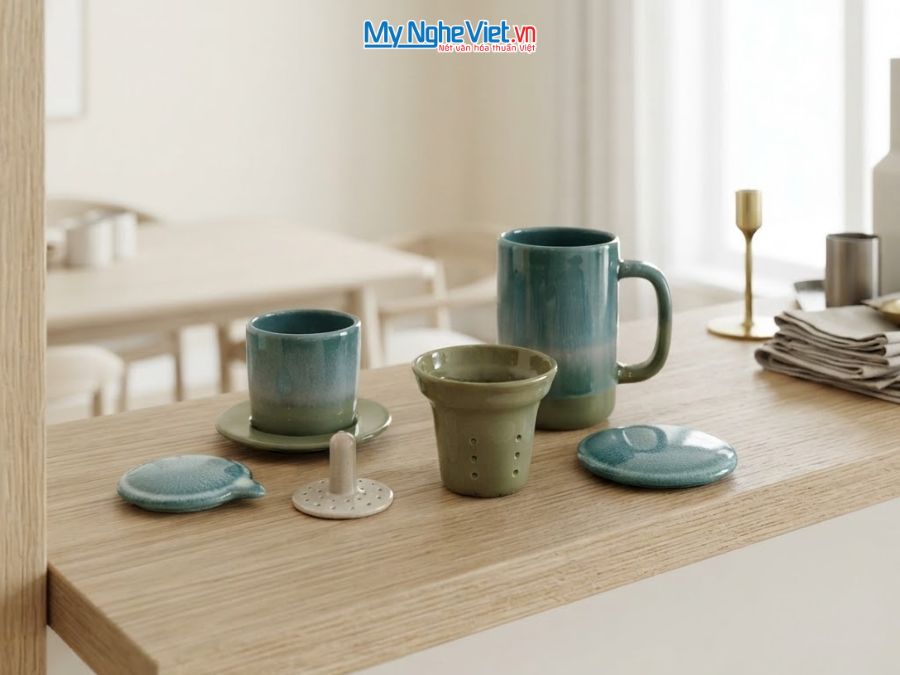 Set Quà Tặng Phin Cà Phê Và Ly Lọc Trà Gốm Màu Xanh CBCFV002-7