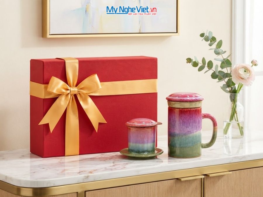 Set Quà Tặng Phin Cà Phê Và Ly Lọc Trà Gốm Màu Hồng Đậm CBCFV002-8