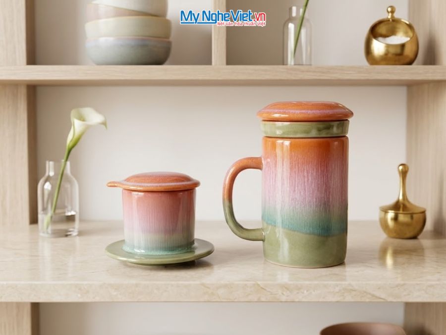 Set Quà Tặng Phin Cà Phê Và Ly Lọc Trà Gốm Màu Hồng Cam CBCFV002-9