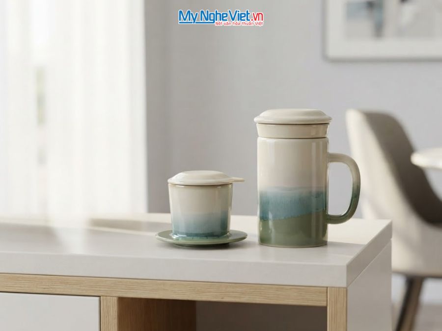 Set Quà Tặng Phin Cà Phê Và Ly Lọc Trà Gốm Màu Trắng CBCFV002-11