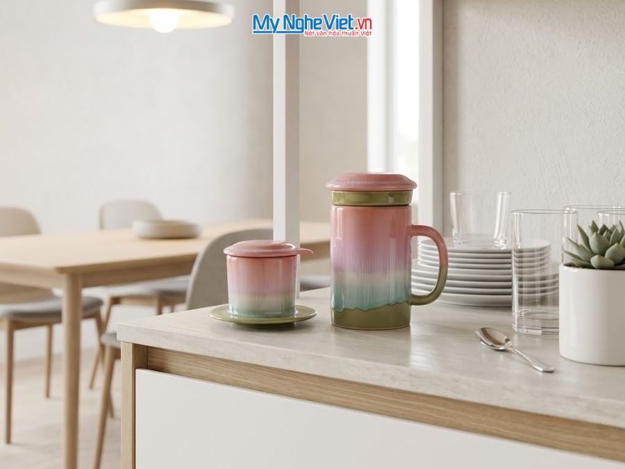 Set Quà Tặng Phin Cà Phê Và Ly Lọc Trà Gốm Màu Hồng Nhạt CBCFV002-12