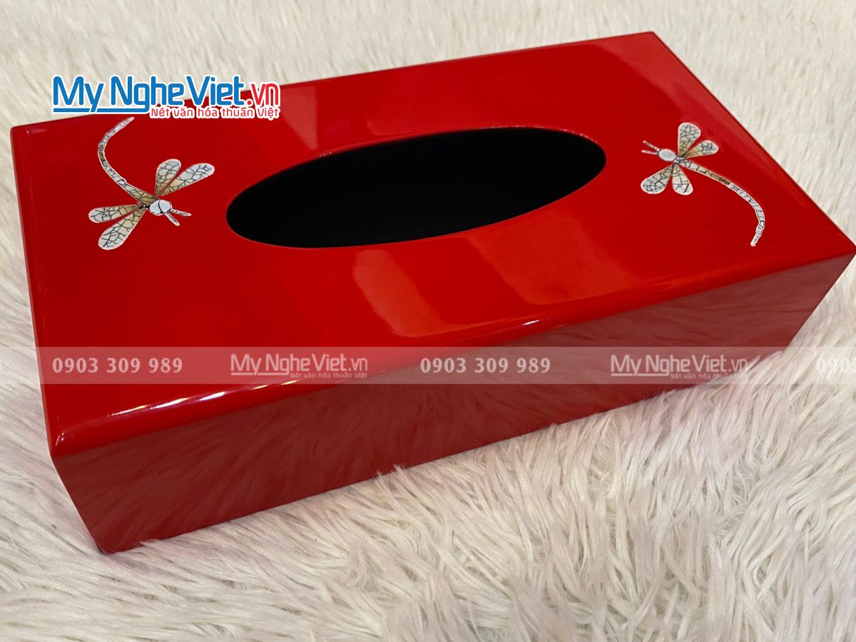 Hộp khăn giấy sơn mài cẩn chuồn đỏ  MNV-HKG02-1