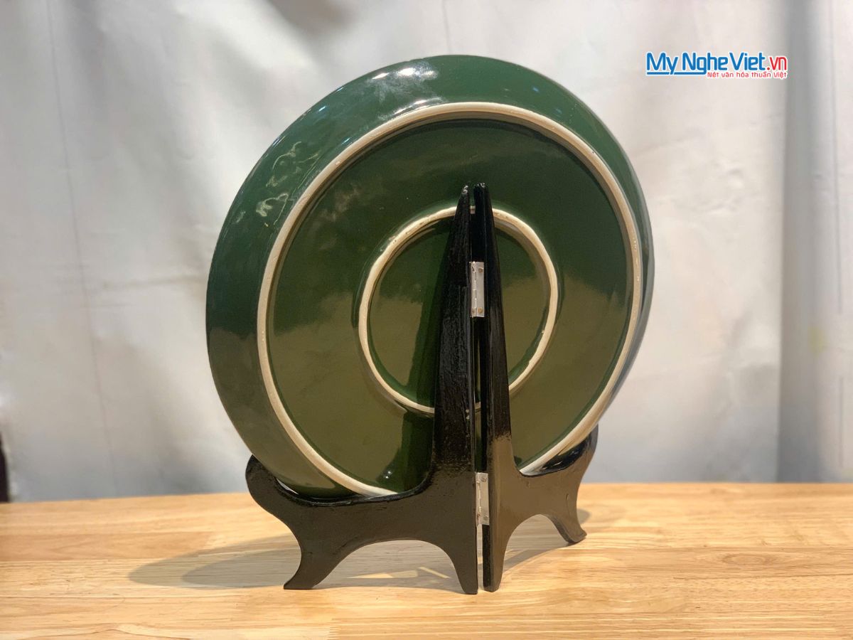 Tranh Đĩa Gốm Bát Tràng Hoa Sen Đắp Nổi Màu Xanh Lá D28cm MNV-TDS1.1