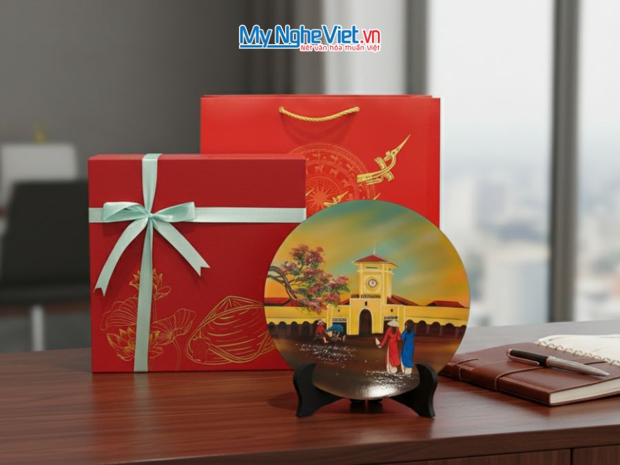Tranh Đĩa Sơn Mài Chợ Bến Thành Nhiều Mẫu D25cm TD25-TBL10