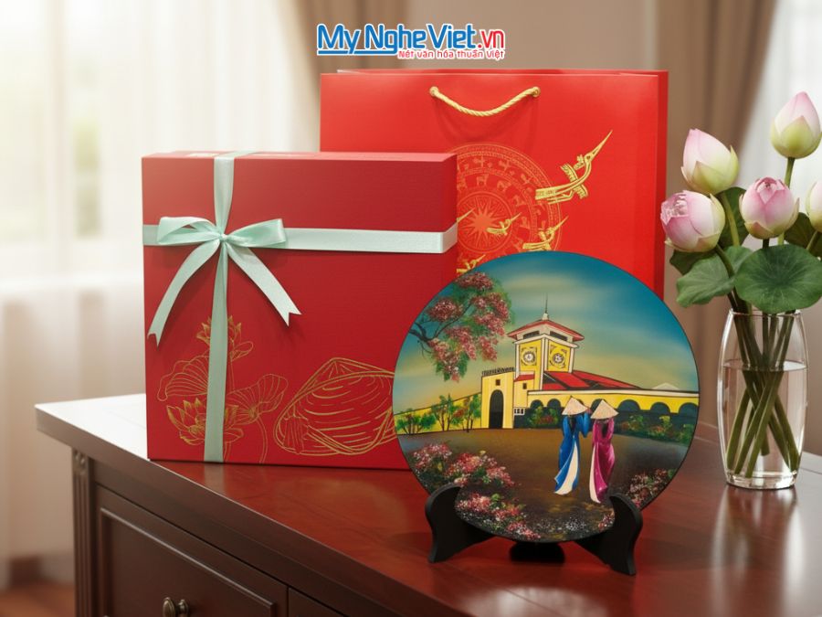 Tranh Đĩa Sơn Mài Chợ Bến Thành Nhiều Mẫu D25cm TD25-TBL10