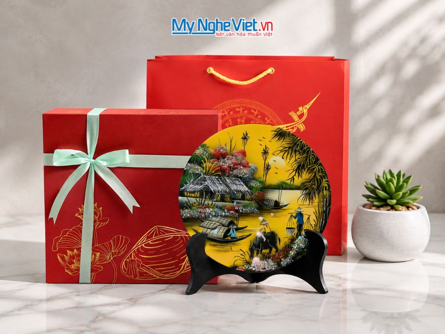 Tranh Đĩa Sơn Mài Đồng Quê Màu Vàng D25cm TD25-2.1