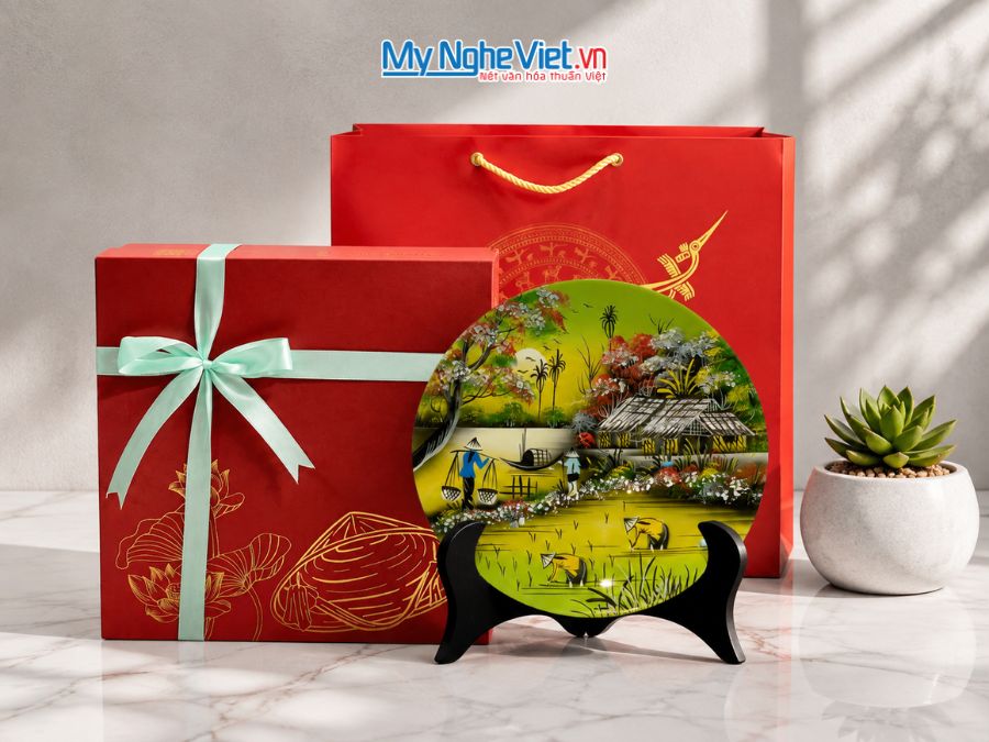 Tranh Đĩa Sơn Mài Đồng Quê Màu Xanh Lá D25cm TD25-2.4